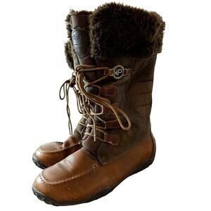 Pajar Phyllis Brown Leather Faux Fur Tall Winter Lace Up Snow Boots Women's 10